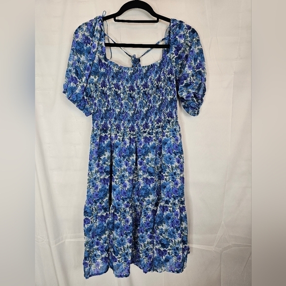 Lumiere Size Large Blue & Purple Floral Mini Dress with Statement Sleeves - Picture 2 of 8